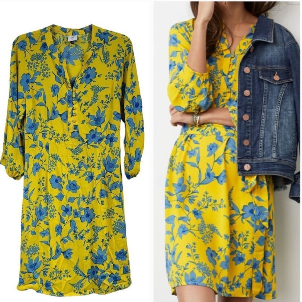 NWOT CAbi Lemon Drop Dress Bright Yellow/Blue Floral Print A-line small